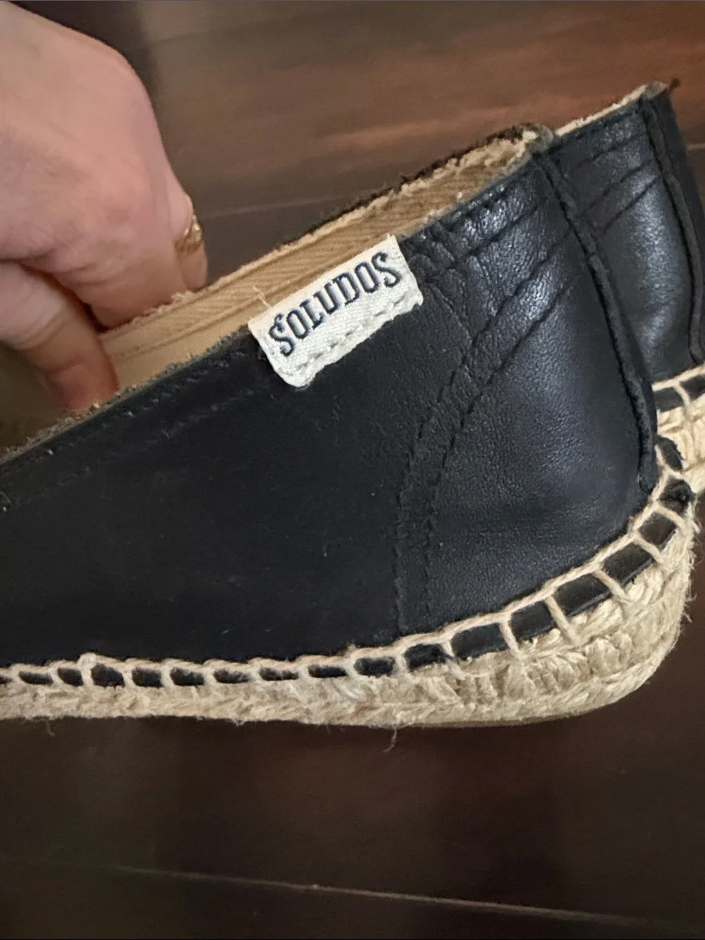 Soludos Black Leather Espadrille Slip-On Flats with Natural Jute Trim Size 9